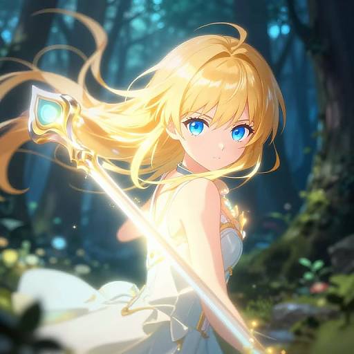 Digital anime-style artwork of a blonde, blue-eyed girl with glowing white dress and staff, standing in a dark, enchanted forest.