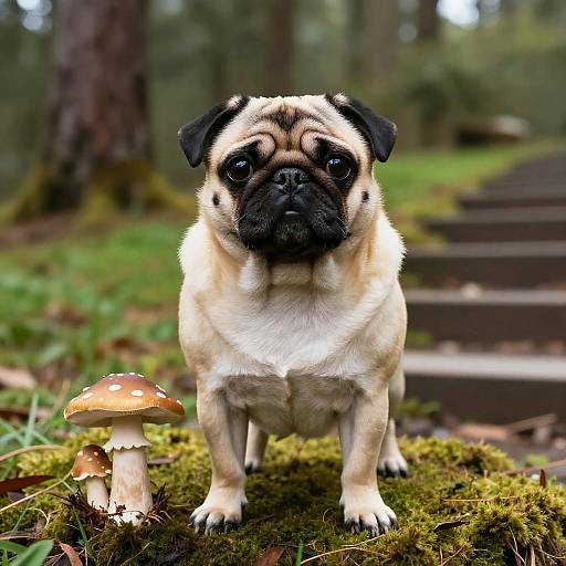 Photograph of a pug with a tan coat and black mask, sitting on mossy forest ground with two brown mushrooms in front, and wooden steps