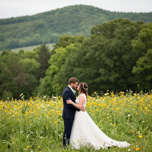Photograph of a bearded groom in a black suit and a bride in a white gown, kissing in a vibrant meadow with yellow wildflowers,