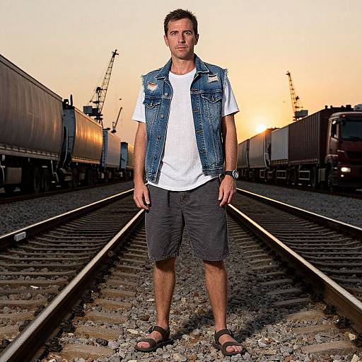 Man on Railway Tracks at Sunset