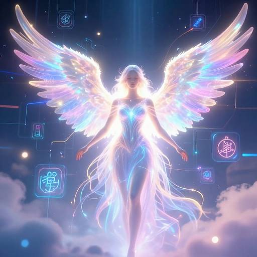 Digital artwork of a glowing, ethereal angel with radiant, multicolored wings, standing amidst clouds, surrounded by neon symbols in a starry night