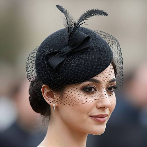 Photograph of a woman with fair skin, dark eyes, and dark hair in an elegant black mesh fascinator with a feather, wearing gold earrings,