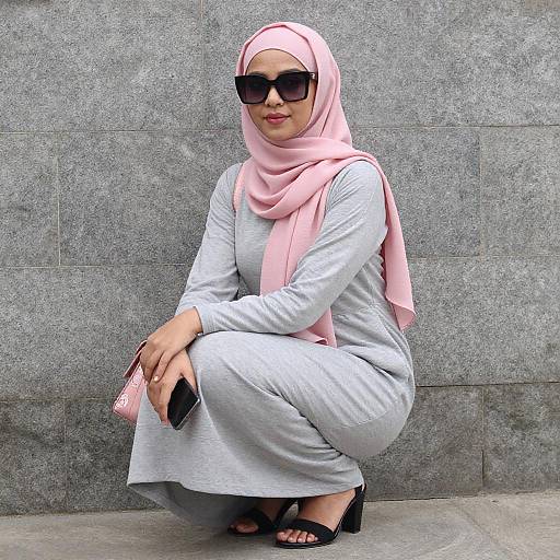 Young Woman in Pink Hijab Crouching