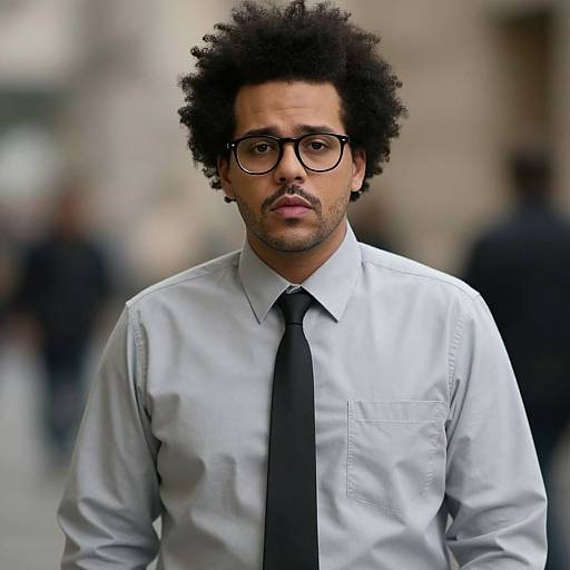 Photograph of a man with curly black hair, glasses, light blue shirt, black tie, and serious expression, standing in a blurred urban background.