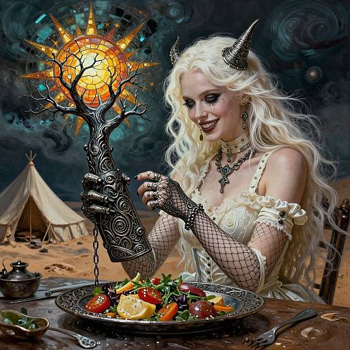 Digital fantasy artwork of a white-haired, horned demoness with black lace gloves, eating a colorful salad under a glowing, sunflower tree in a