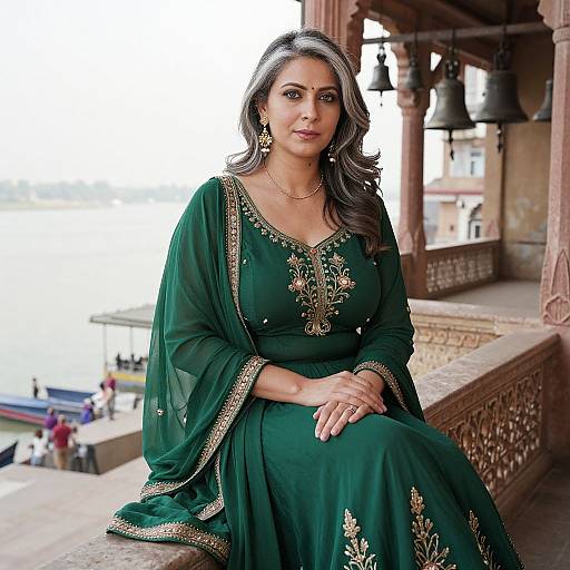 Photograph of an Indian woman with medium brown skin, long wavy gray-brown hair, wearing a green embroidered traditional saree, sitting on a