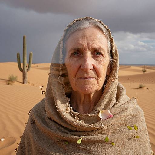 Photograph of an elderly woman with wrinkled skin, wearing a tattered brown headscarf, in a desert with cacti and a storm