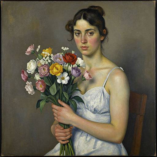 Grant Wood Style Woman with Flowers