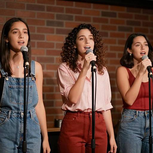 Three Women Singing on Stage with Microphones