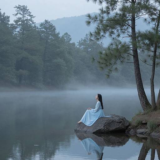 Photograph of a woman in a long white dress, sitting on a rock by a misty lake, surrounded by pine trees.
