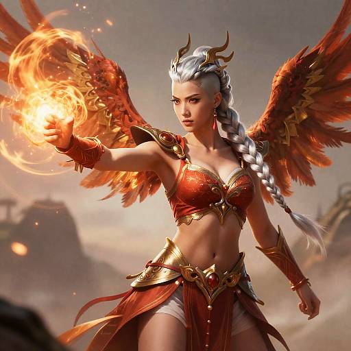 Silver-Braided Phoenix Warrior Mastering Flame