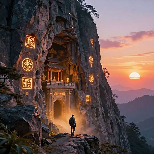 Photograph of a lone figure standing before a glowing, ancient temple carved into a towering cliff at sunset, illuminated by mystical symbols.