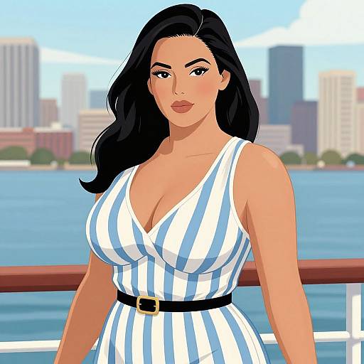 Digital illustration of a curvy woman with black hair, wearing a striped blue-white dress with a black belt, standing by a waterfront with a city skyline