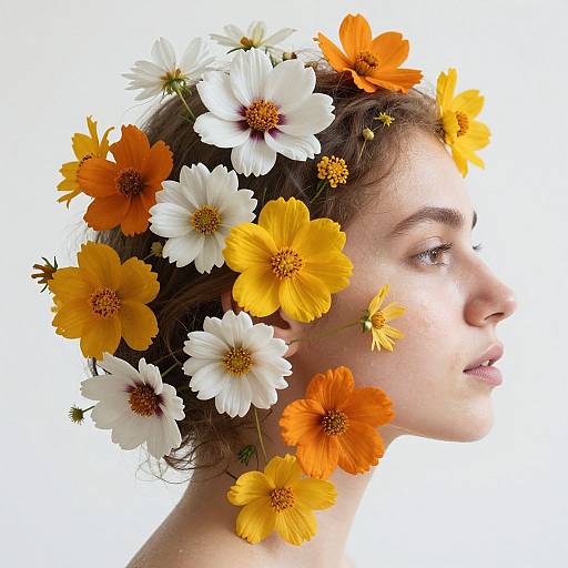 Photograph of a young woman in profile, adorned with a vibrant crown of white and orange flowers, against a bright white background.