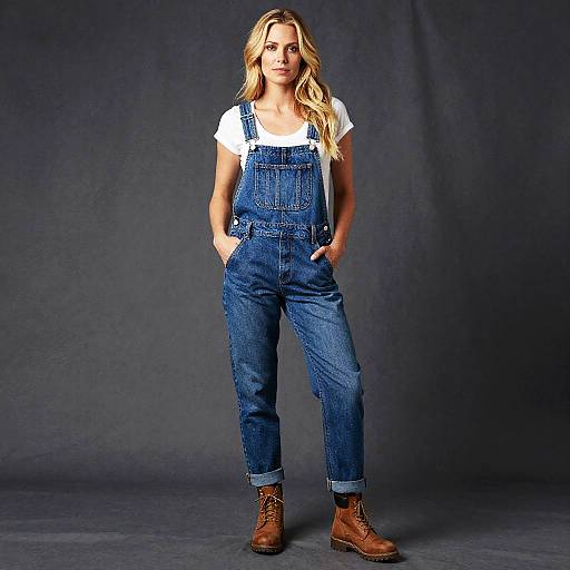 Photograph of a blonde woman with wavy hair, wearing blue denim overalls, white t-shirt, and brown boots, standing against a dark gray