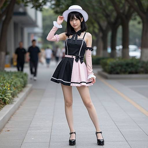 Photograph of an Asian woman in a black and white maid outfit, white hat, pink sleeves, black heels, standing on a city sidewalk, trees