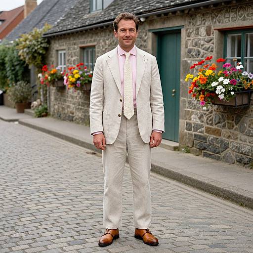 Photograph of a smiling man in a white suit, pink shirt, and brown shoes standing on a cobblestone street with colorful flower boxes in front