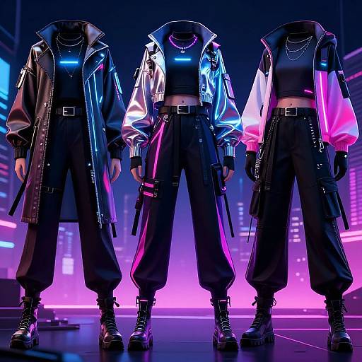 Digital artwork of three faceless, neon-lit, cyberpunk-style figures in black jackets, high-waisted pants, boots, and chains,