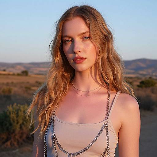 Photograph of a young woman with wavy blonde hair, wearing a white tank top and silver chain necklace, standing in a sunlit desert landscape with