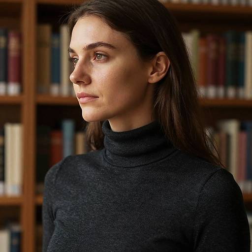 Photograph of a serious-looking woman with long brown hair, wearing a black turtleneck, standing in front of a wooden bookshelf filled with colorful