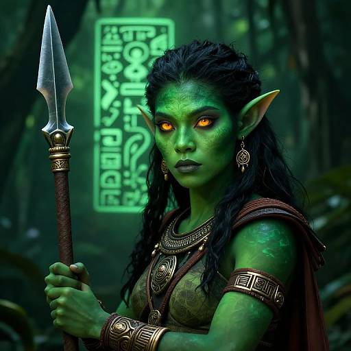 Digital artwork of a green-skinned, glowing-eyed orc woman with long black hair, holding a spear, wearing ornate armor in a dark forest with