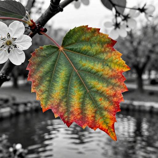 Photograph of a vibrant autumn leaf with green, yellow, and red hues, contrasting against a black-and-white blurred background of a tree and water.
