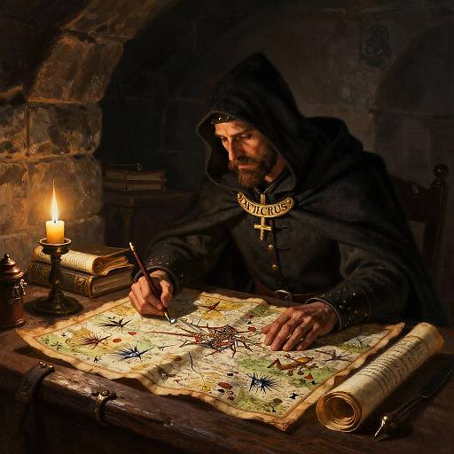 Medieval Strategist Studying Battle Plans