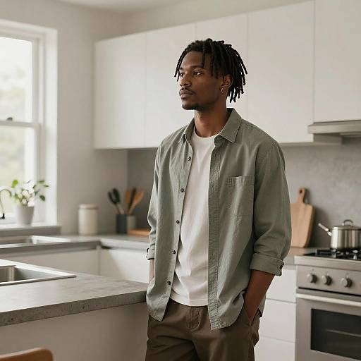 Photograph of a Black man with dreadlocks, wearing a green button-up shirt and brown pants, standing in a bright, modern kitchen with white cabinets