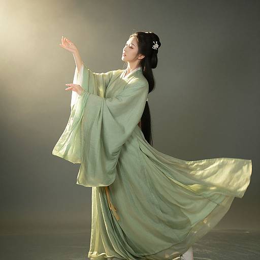 Photograph of an Asian woman in a flowing green kimono, illuminated by a bright sun, with long black hair and a white flower hairpin,