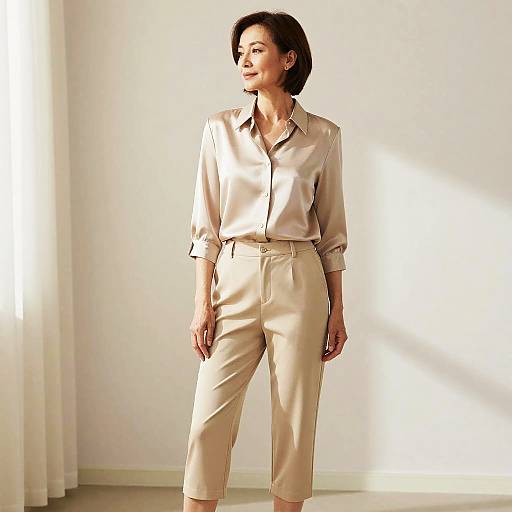 Photograph of an Asian woman with short black hair, wearing a beige satin blouse and matching high-waist pants, standing in a sunlit room