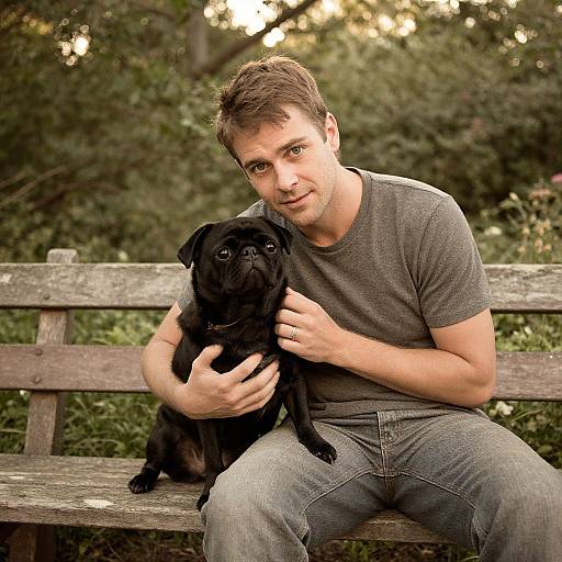Photograph of a man with short brown hair, wearing a gray t-shirt and blue jeans, sitting on a wooden bench, holding a black pug