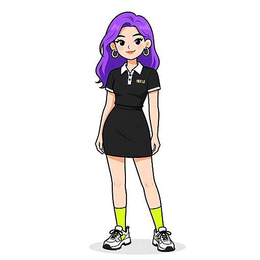 Digital anime-style drawing of a smiling woman with purple hair, black dress, white collar, yellow socks, black shoes, and hoop earrings.