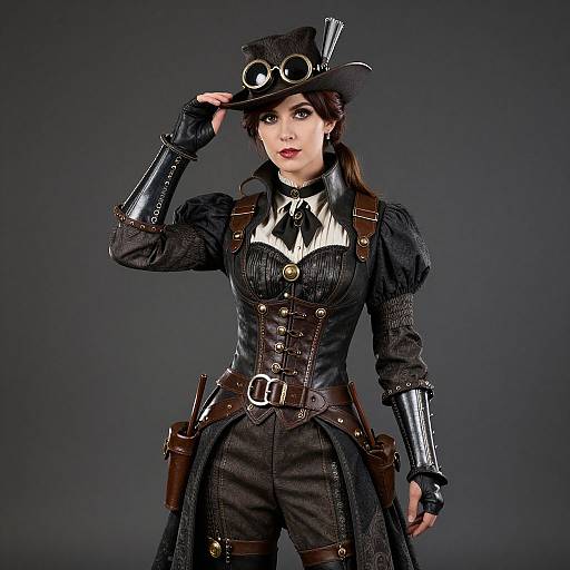 Woman in Steampunk Costume with Hat and Goggles