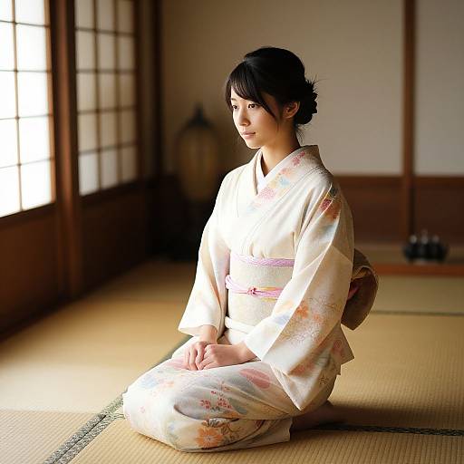 Photograph of a Japanese woman with dark hair in a traditional white floral kimono, kneeling on a tatami mat, sunlight streaming from shoji doors
