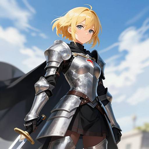 Digital anime-style drawing of a blonde, blue-eyed female knight in shiny silver armor, black cape, and black skirt, holding a sword, against a