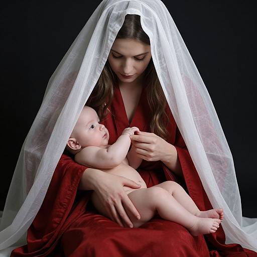 Photograph of a serene mother with long brown hair, wearing a red velvet robe and white veil, cradling a naked, curious baby against a