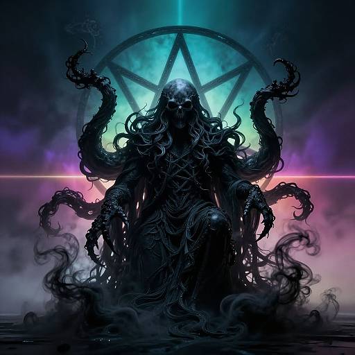 Digital art of a dark, tentacled, humanoid figure with a glowing, pentagram background, neon blue and pink lights, and eerie fog.