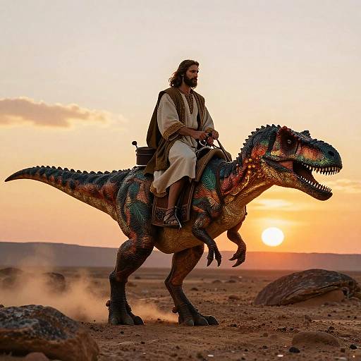 Jesus Riding Velociraptor at Sunset