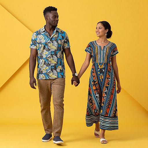 Photograph of a smiling Black couple holding hands against a bright yellow backdrop. He wears a floral shirt and brown pants, she wears a colorful patterned