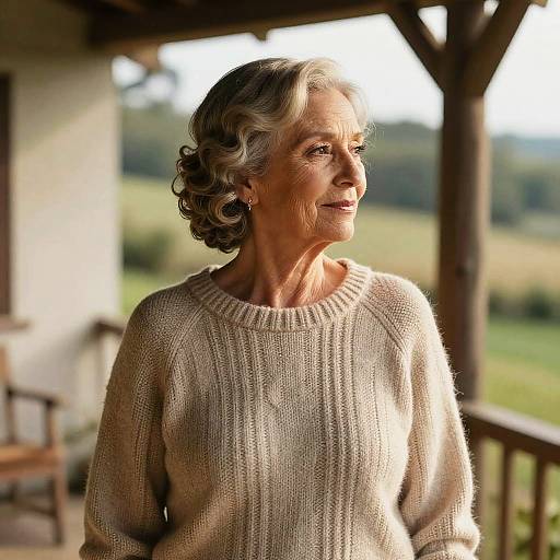 Elderly Woman with 720 Waves Hairstyle on Country Porch