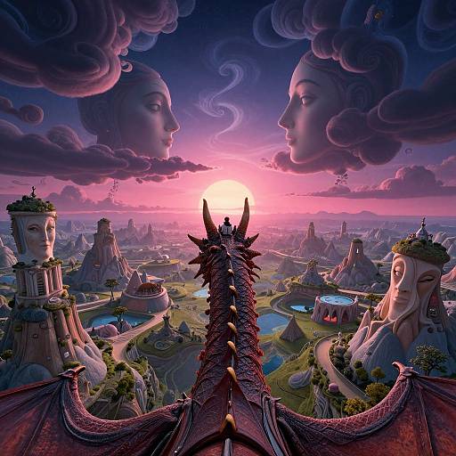 Fantasy CGI scene: Dragon's back with spiked tail facing surreal cityscape with floating face clouds, pink sunset, and whimsical architecture.