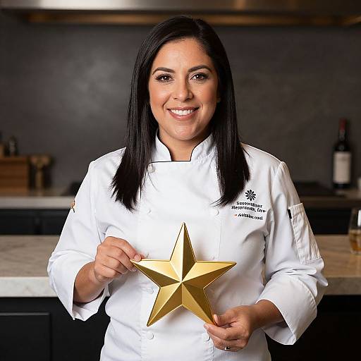 Photograph of a smiling Latina woman with straight black hair, wearing a white chef's coat, holding a gold star-shaped award in a modern kitchen.