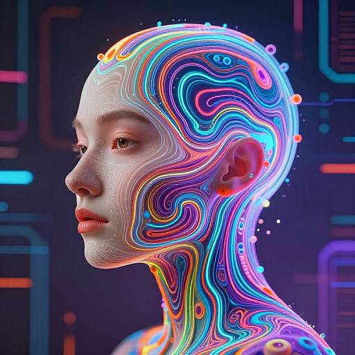 Digital CGI artwork of a bald, androgynous person with a glowing, colorful, neural network-like pattern covering their head and neck, set against