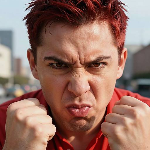 Close-up photograph of a red-haired man with intense expression, clenched fists, and red shirt, set against a blurred urban background.