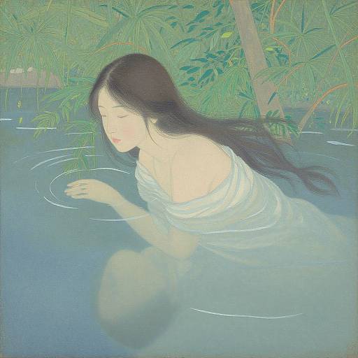 Digital painting of an Asian woman with long black hair, partially submerged in a serene, green-leafed pond, wrapped in a white cloth.