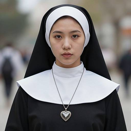 Photograph of a young Asian woman with fair skin, wearing a black and white nun's habit, heart-shaped silver necklace, standing in a blurred urban