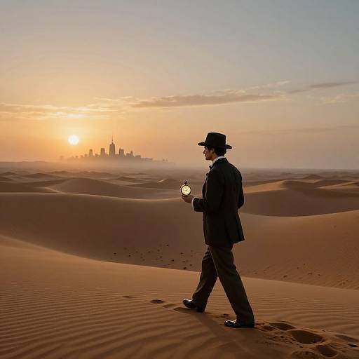 Silhouetted man in suit and hat walks across desert at sunset, holding glowing pocket watch, city skyline in background.