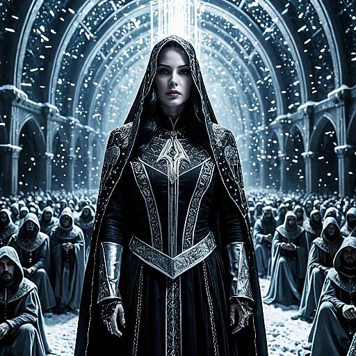 Gothic Oracle in Silken Veil Among Celestial Watchmen