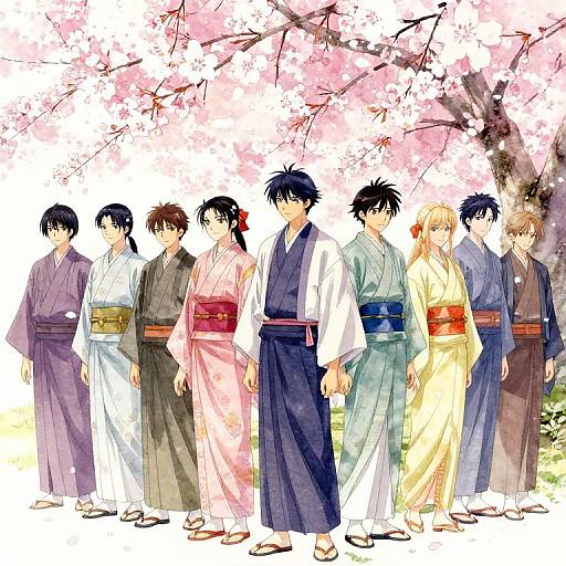 Digital anime-style illustration of seven Japanese characters in traditional kimonos standing in front of cherry blossom trees, each with distinct colors and patterns.