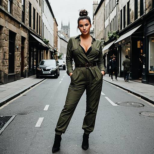 Woman in Olive Green Jumpsuit on City Street